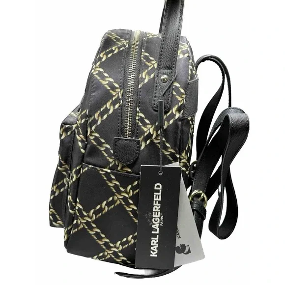 Karl Lagerfeld Paris Amour Mini Backpack Nylon Black Gold Chain Pattern NWT - Picture 3 of 5